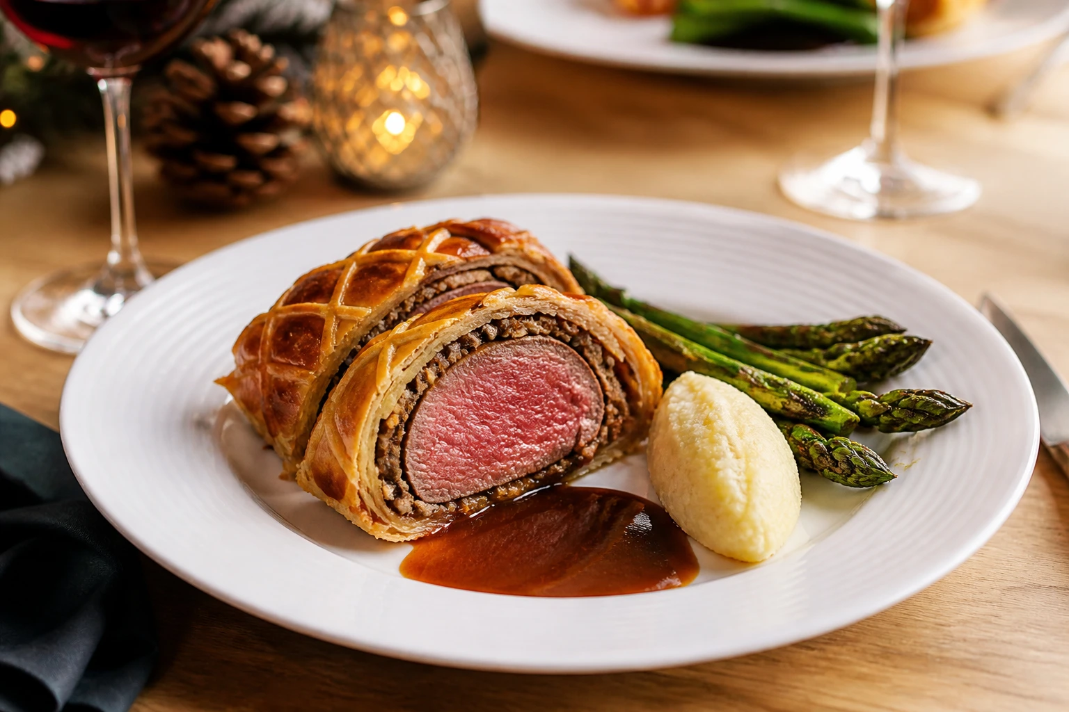 Assiette de bœuf Wellington tranché avec asperges rôties, purée et jus réduit