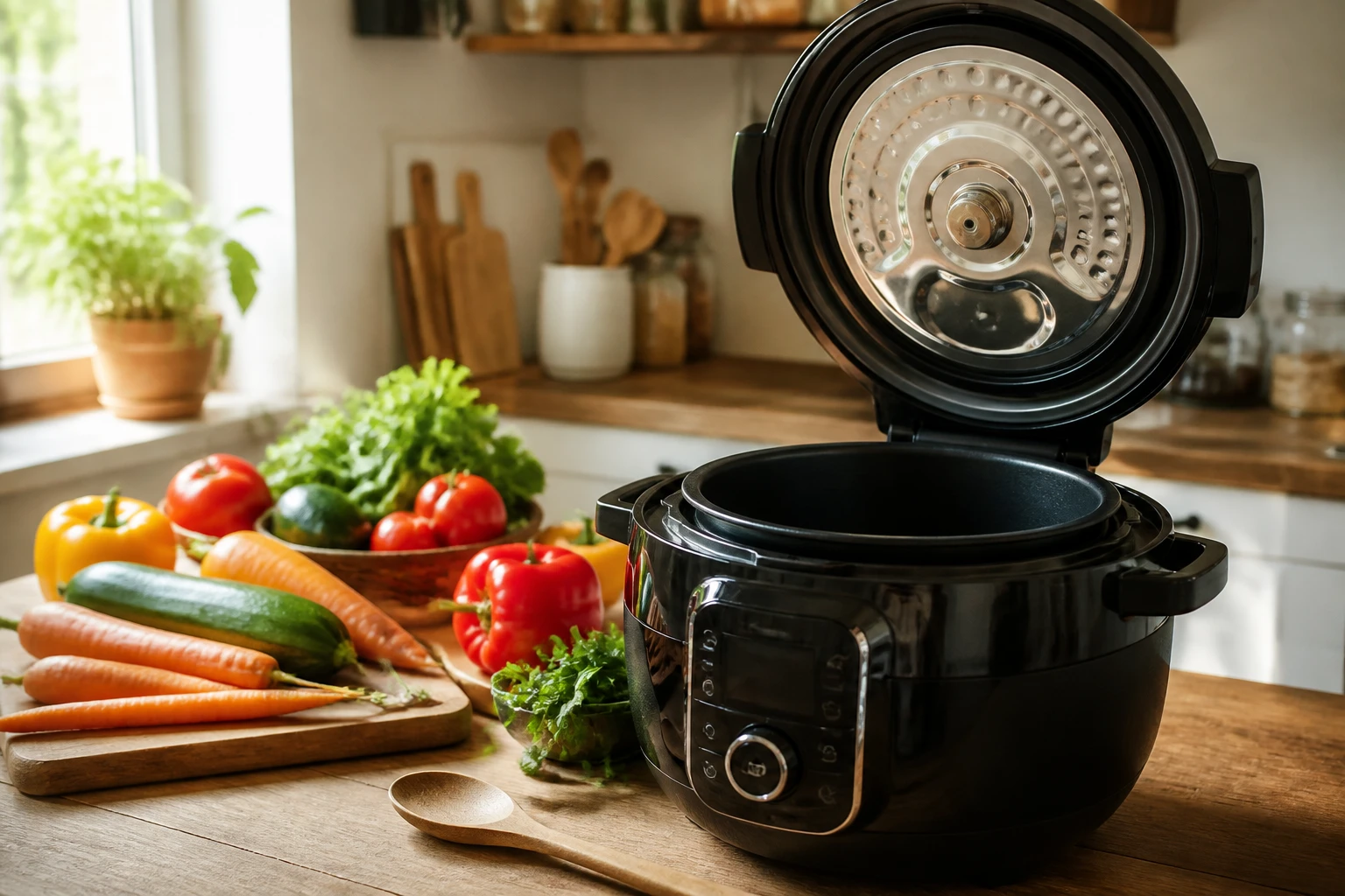 Multicuiseur Cookeo ouvert sur un plan de travail avec légumes frais autour, cuisine lumineuse