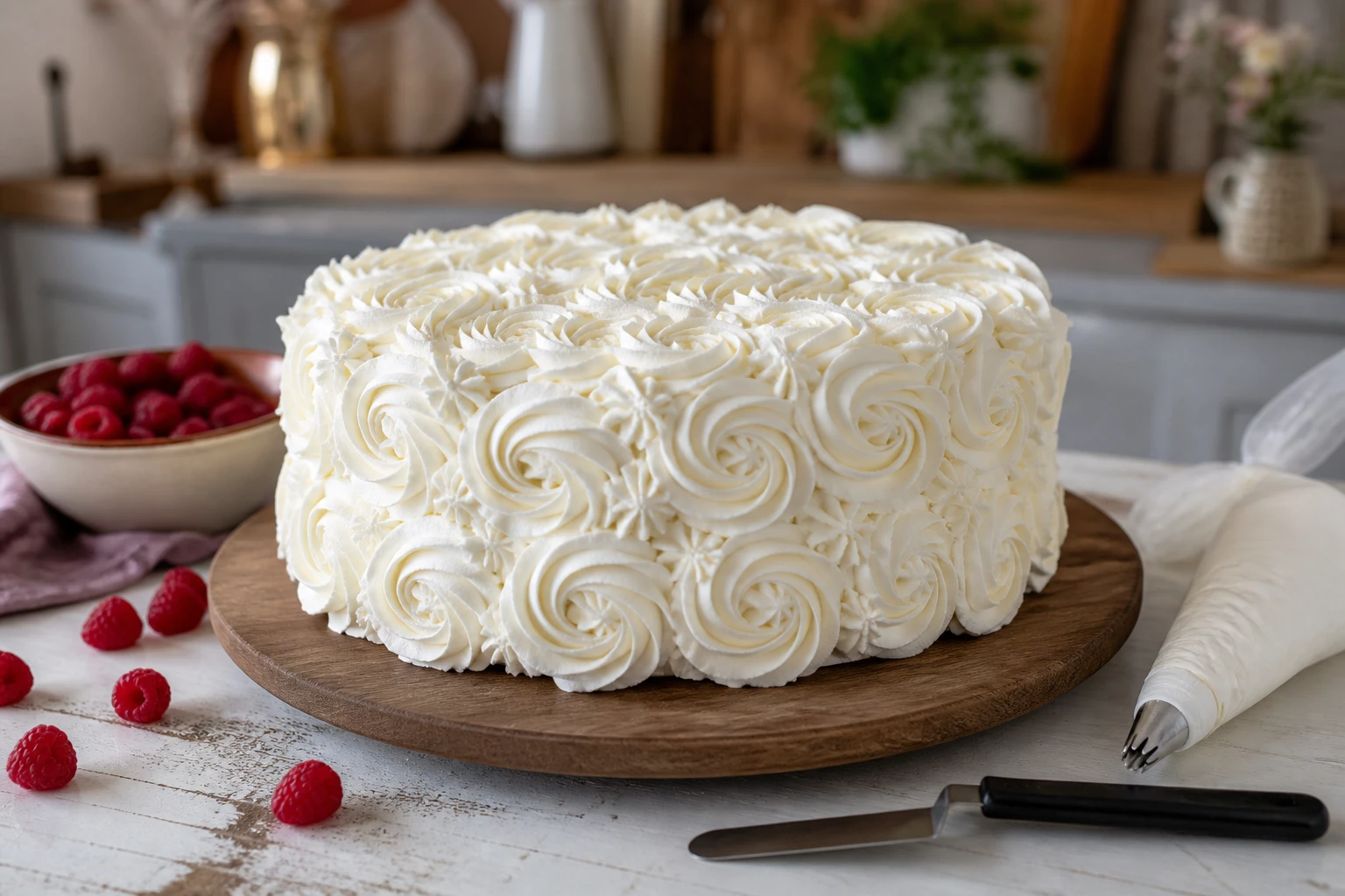 Gâteau décoré de rosaces de chantilly mascarpone avec framboises fraîches sur un plateau tournant