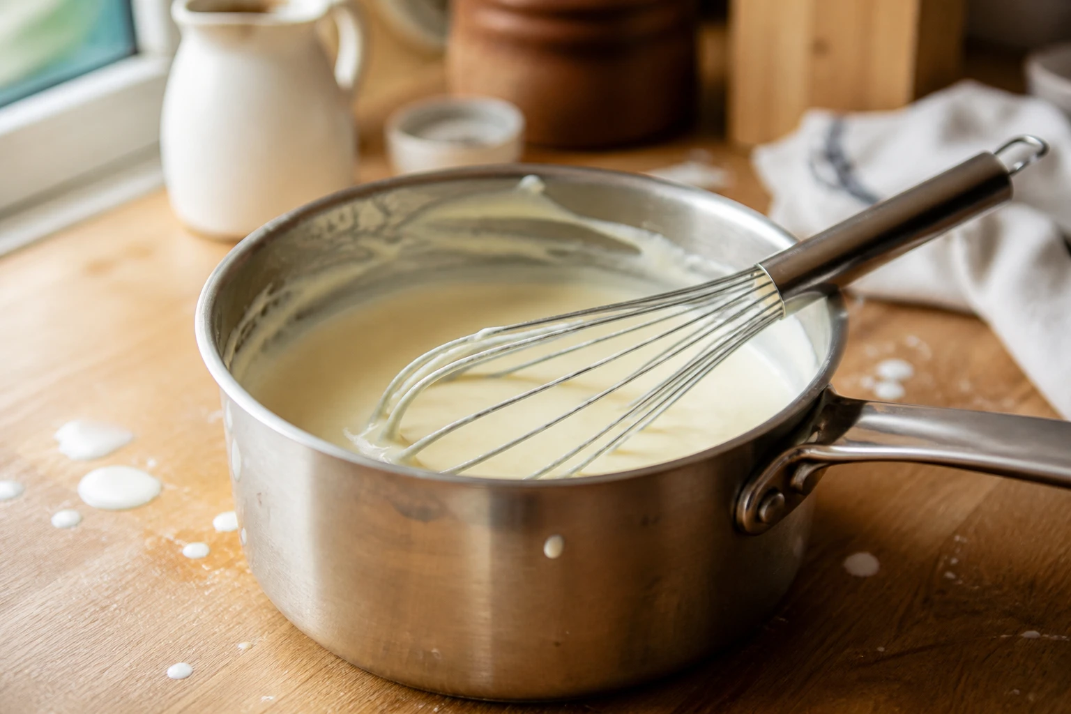 Béchamel onctueuse préparée sans farine dans une casserole avec un fouet