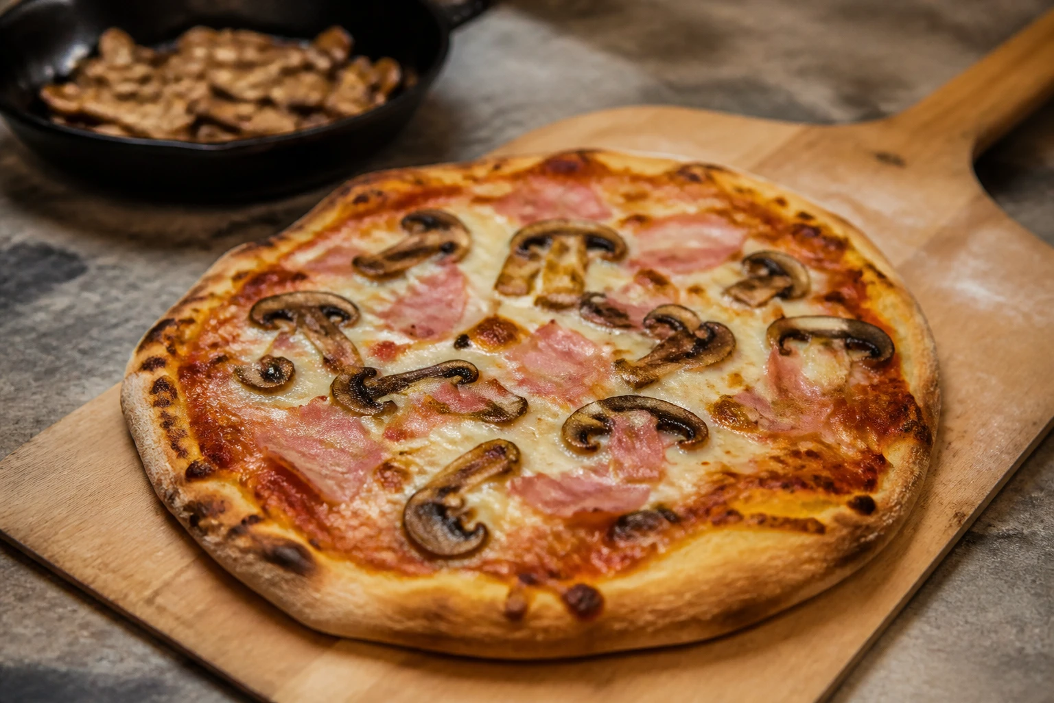 Pizza maison garnie de champignons dorés, mozzarella fondue et jambon, sortie du four sur une pelle en bois