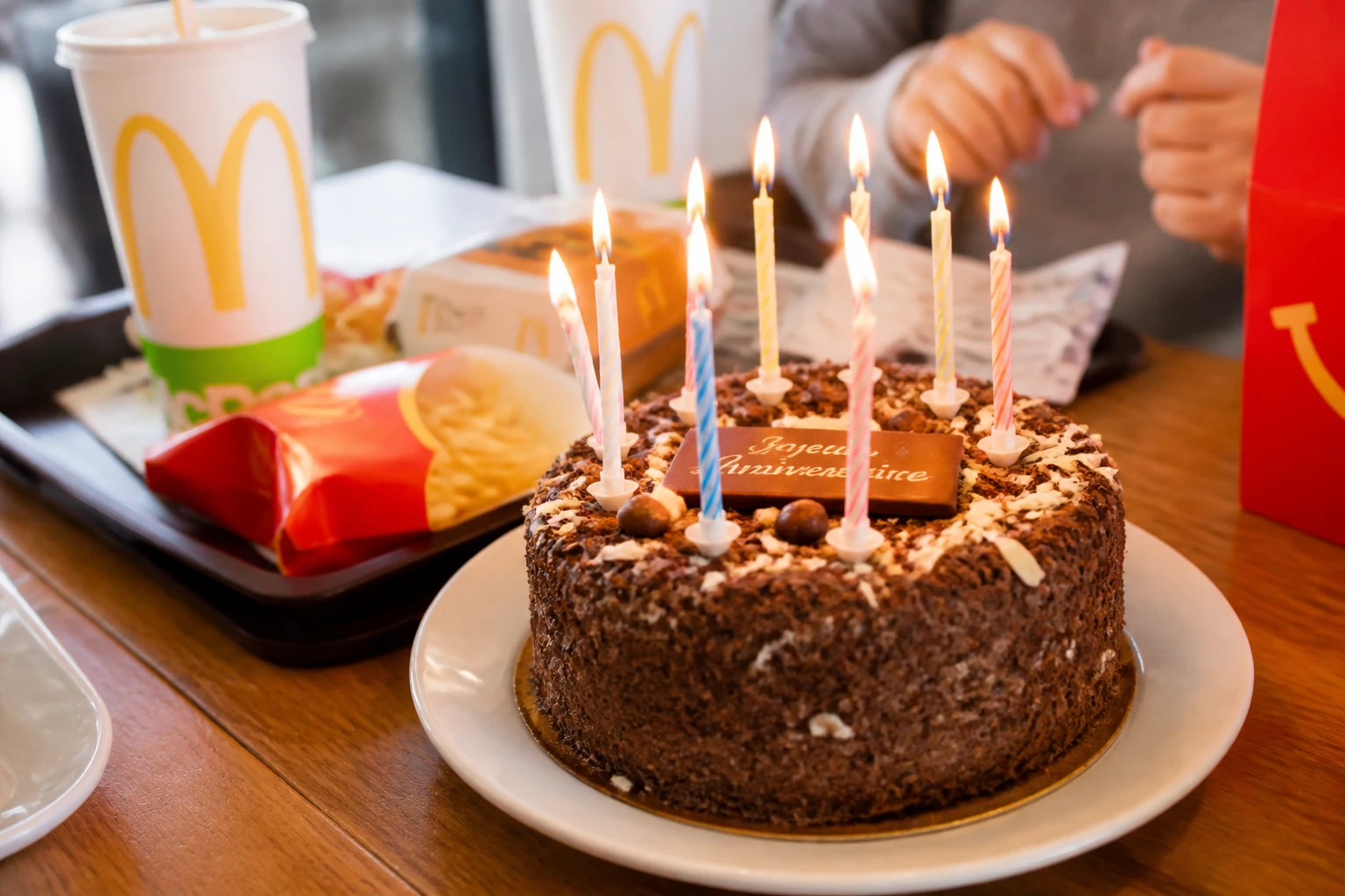 Gâteau d'anniversaire avec bougies sur une table de restaurant McDonald's