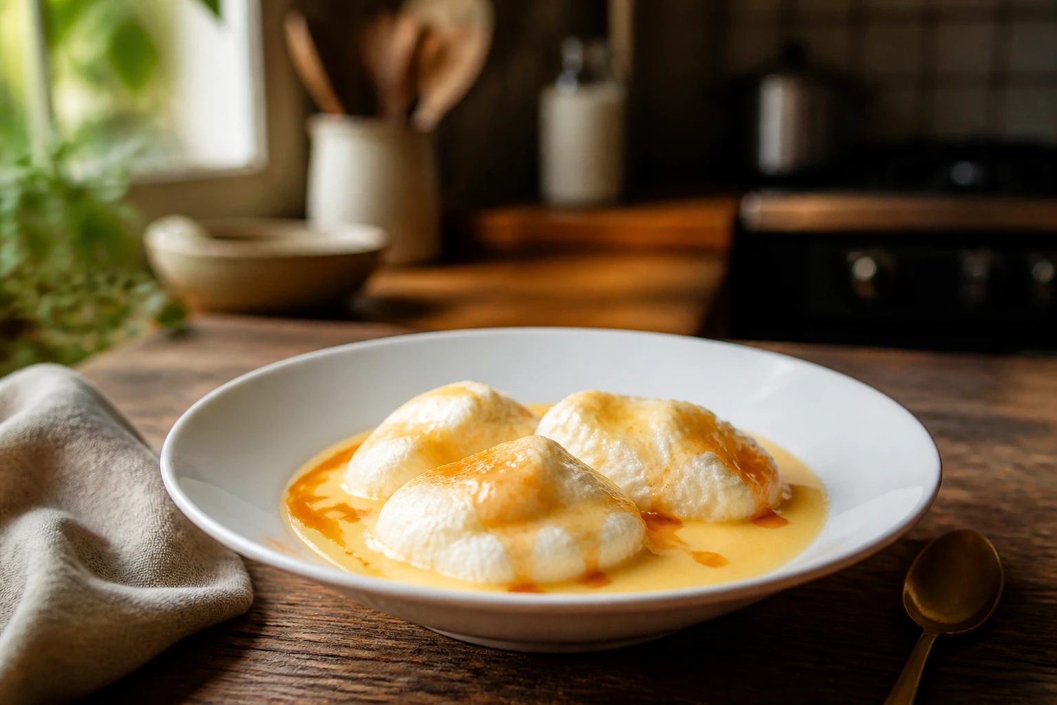 Œufs à la neige avec blancs pochés sur crème anglaise et filet de caramel, préparation anticipée la veille