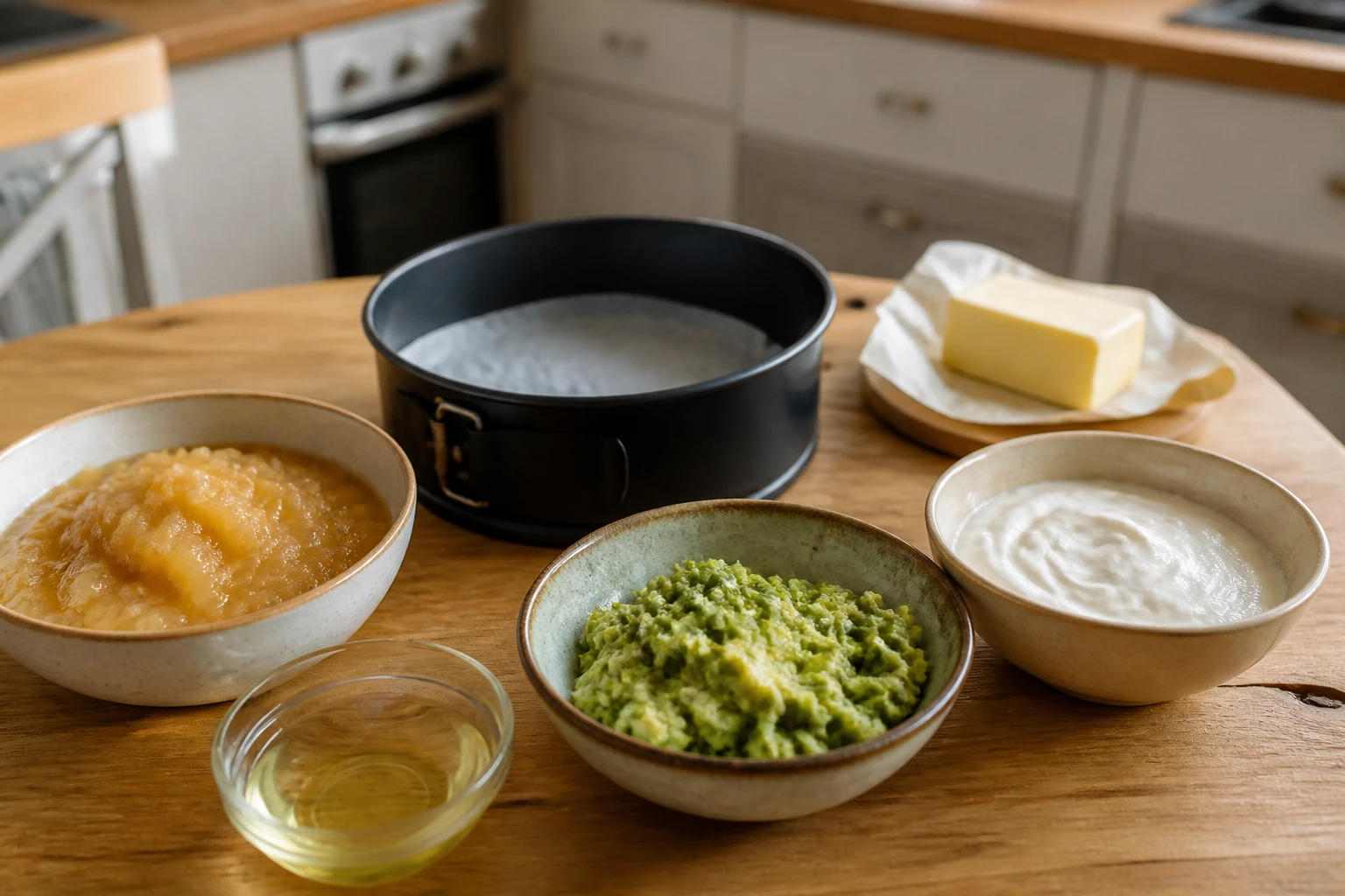 Ingrédients alternatifs au beurre pour gâteau : compote, huile, avocat et yaourt sur plan de travail