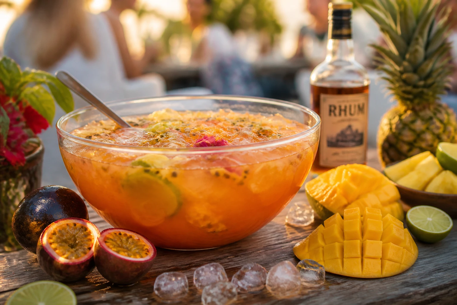 Saladier de punch pour 50 personnes entouré de fruits tropicaux et de citrons verts