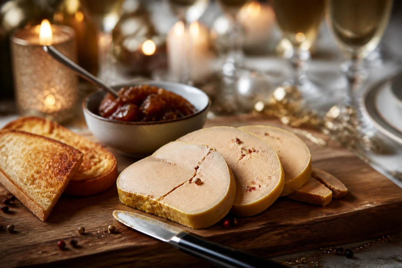 Tranches de foie gras mi-cuit servies sur planche en bois avec toasts et chutney de figues