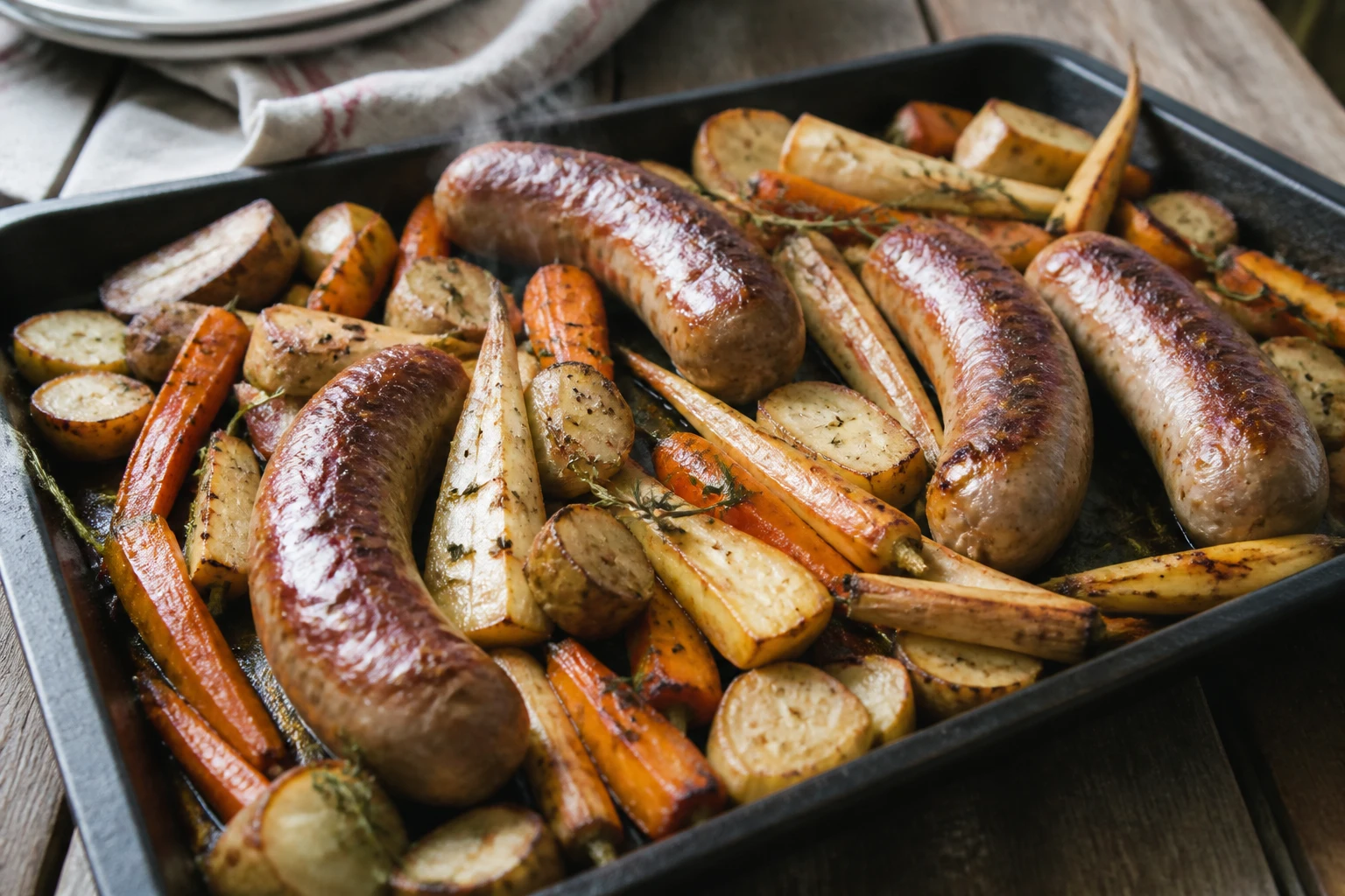 Saucisses grillées avec légumes racines rôtis, carottes et panais, sur plaque de four
