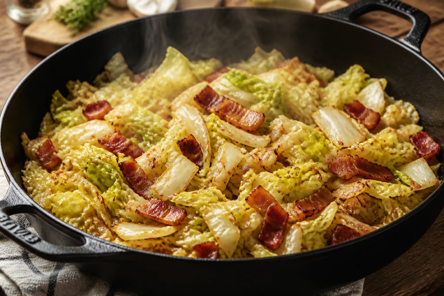 Poêlée de chou chinois aux lardons dorés dans une sauteuse en fonte, vue de dessus