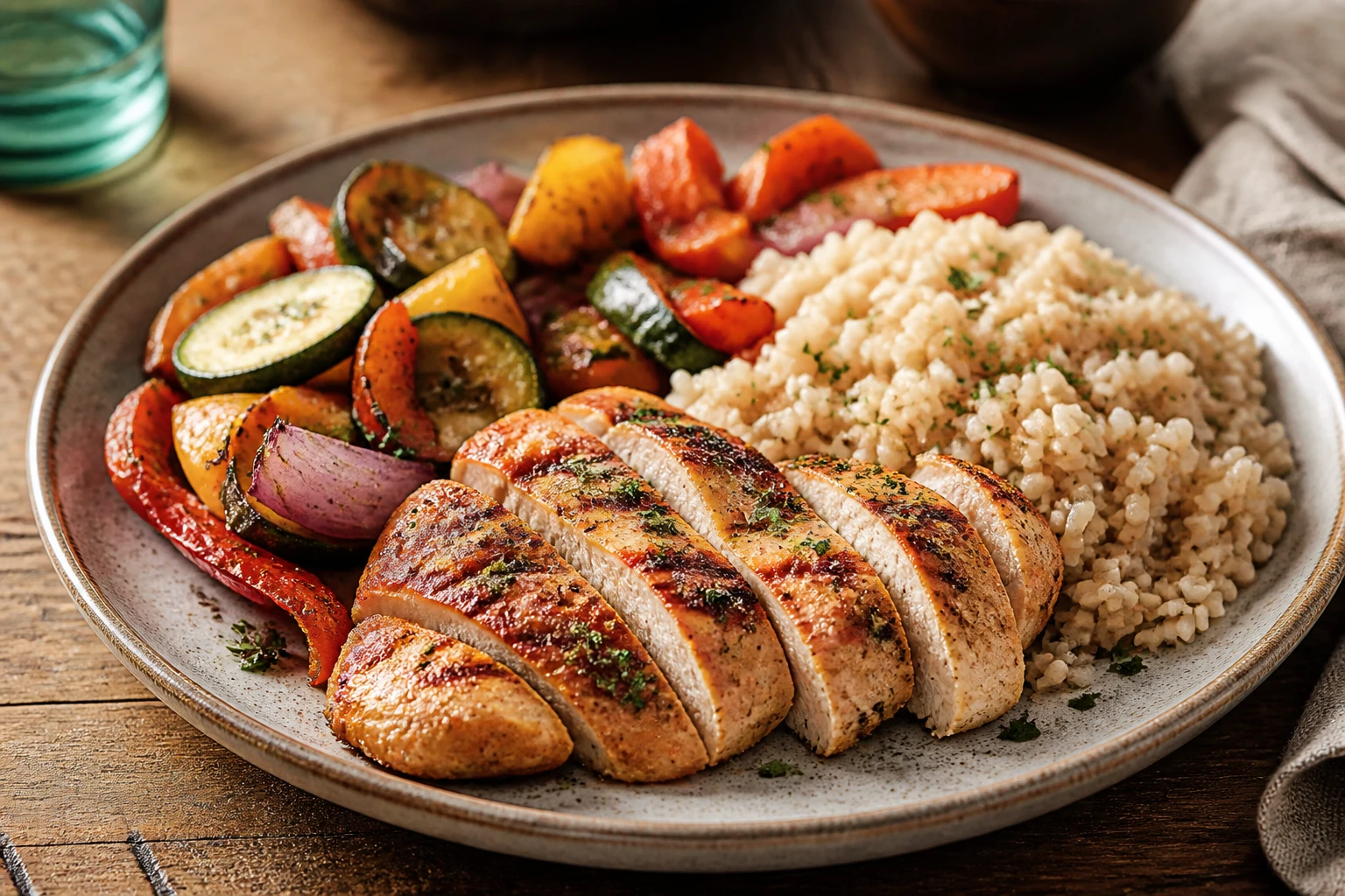 Assiette de poulet healthy grillé avec riz complet et légumes de saison sur table en bois