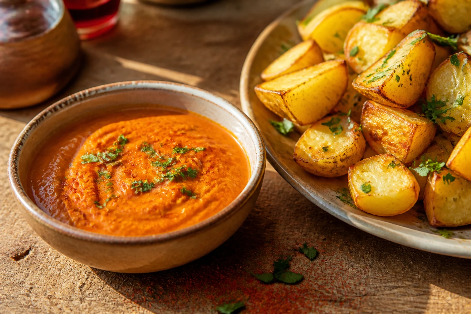 Bol de sauce patatas bravas maison au paprika servi avec des pommes de terre rôties dorées