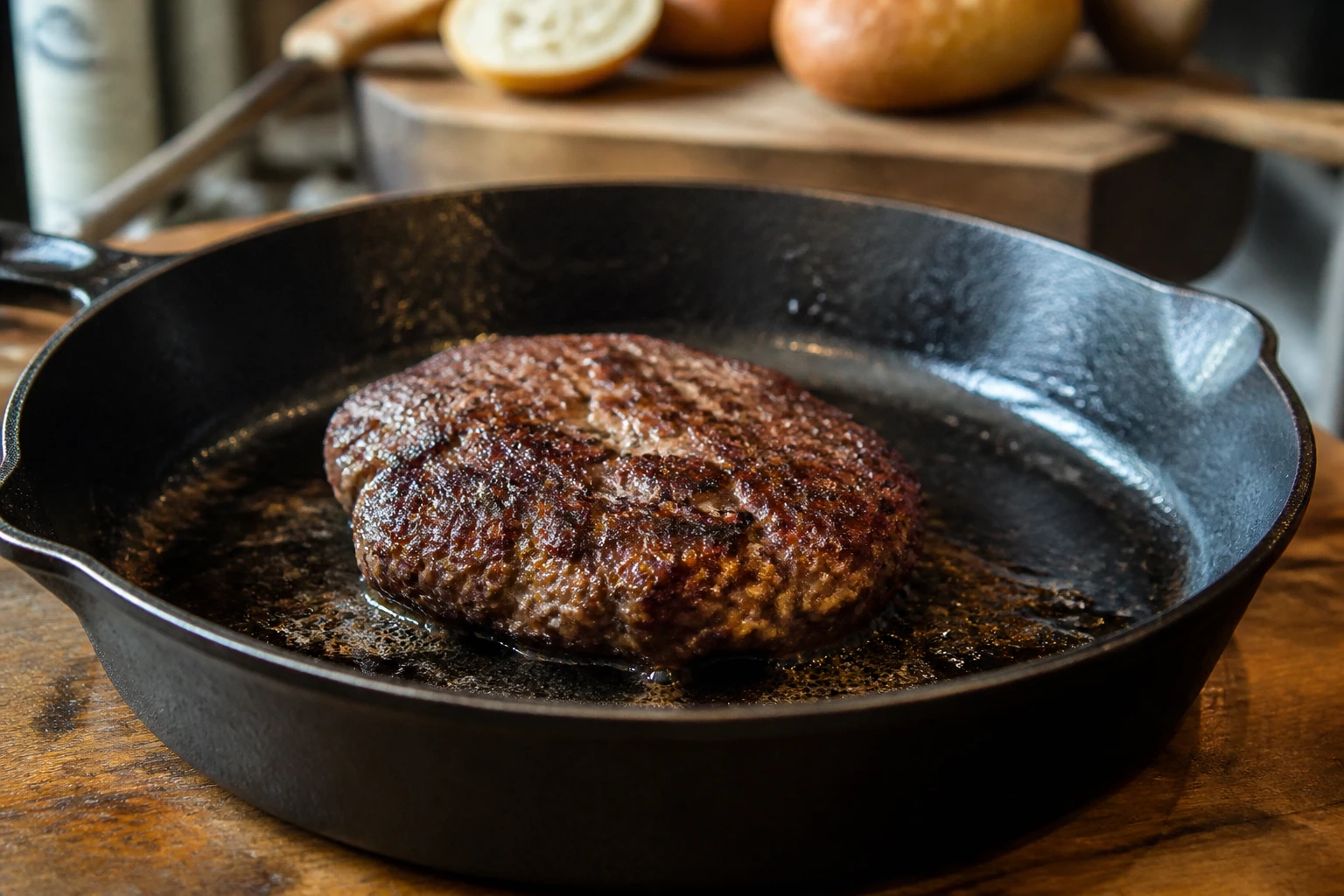 Steak haché maison pour hamburger en cours de cuisson dans une poêle en fonte