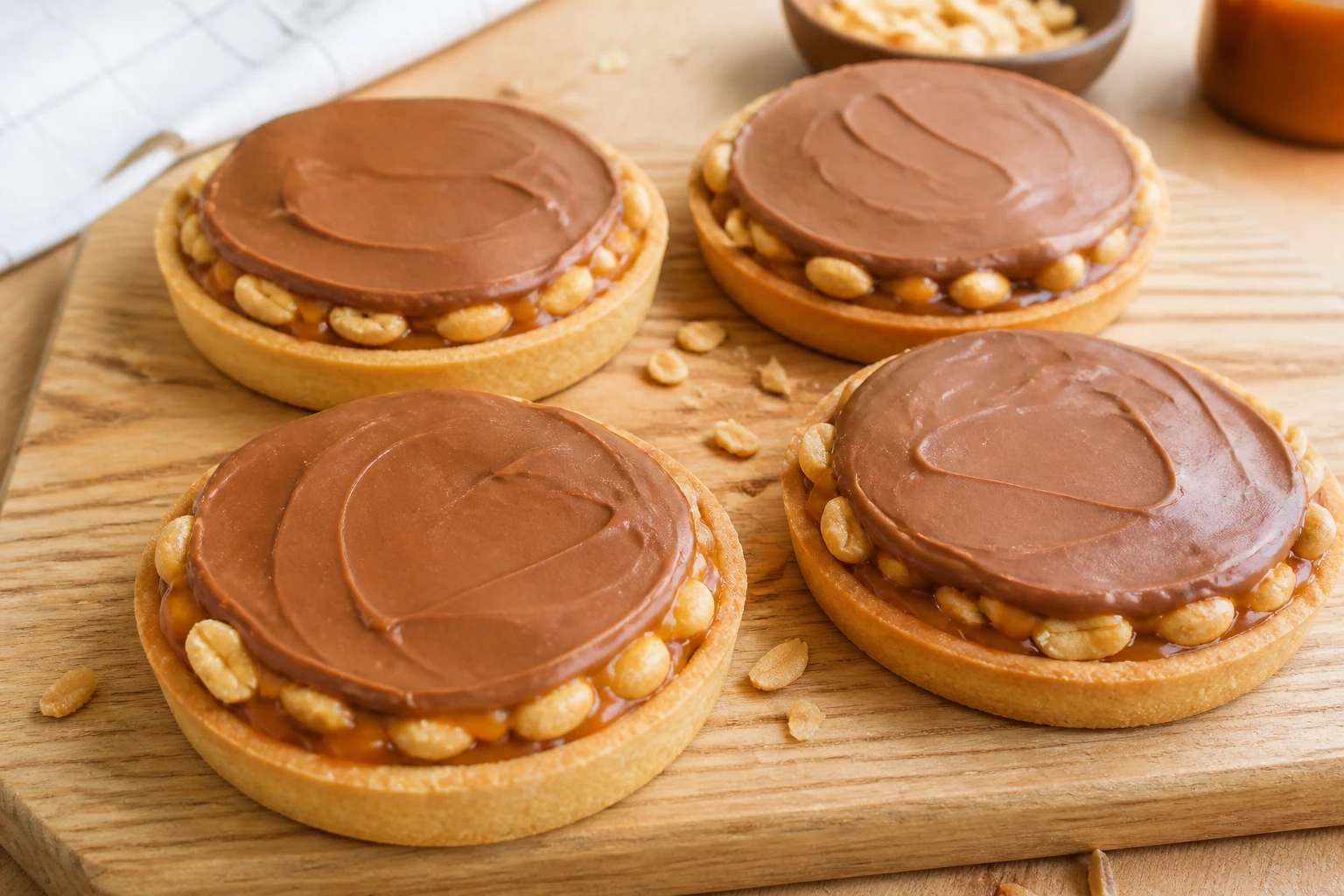 Quatre tartelettes snickers individuelles garnies de caramel, cacahuètes torréfiées et ganache chocolat sur planche en bois