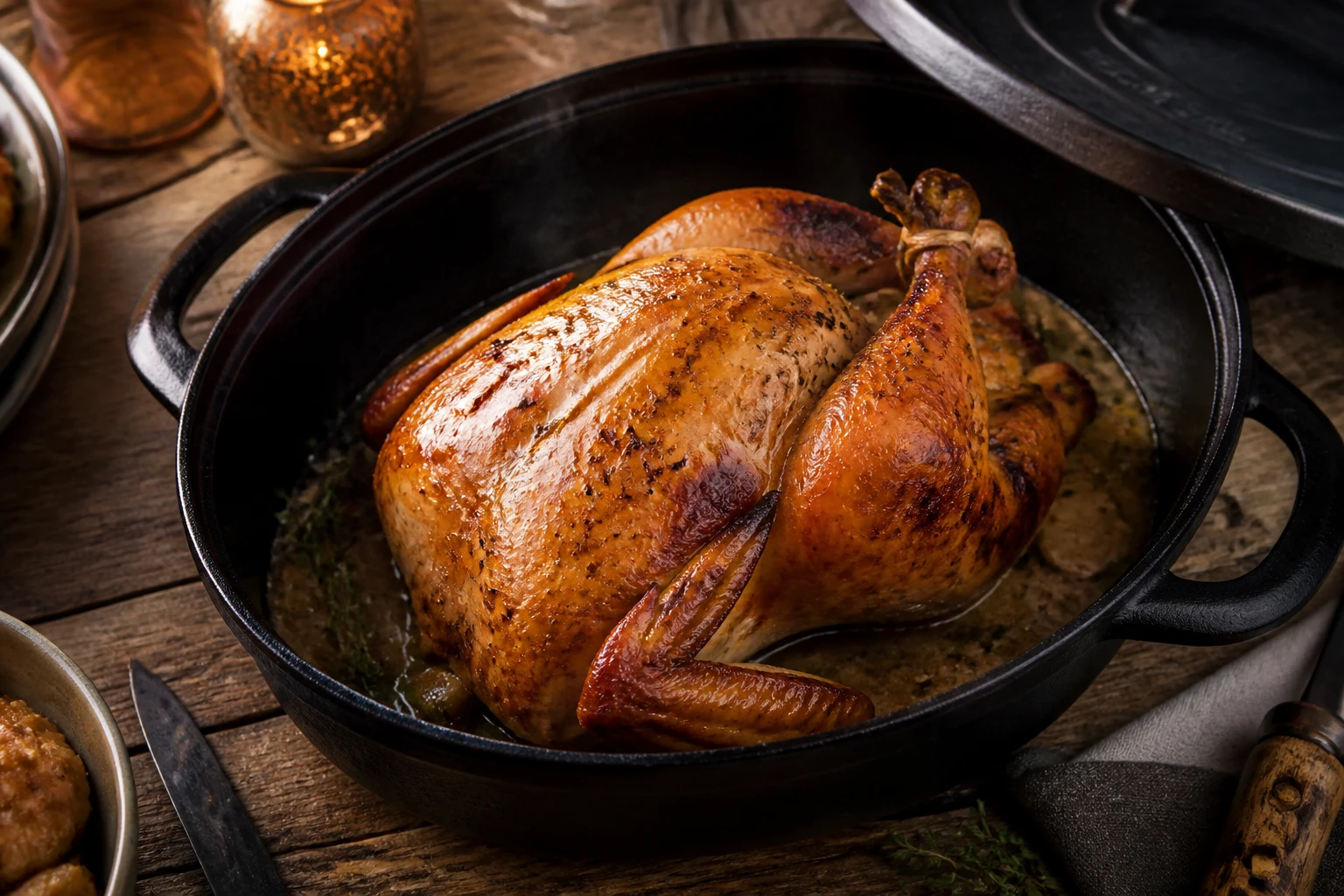 Chapon doré cuit dans une cocotte en fonte ouverte, jus de cuisson au fond, ambiance repas de fête