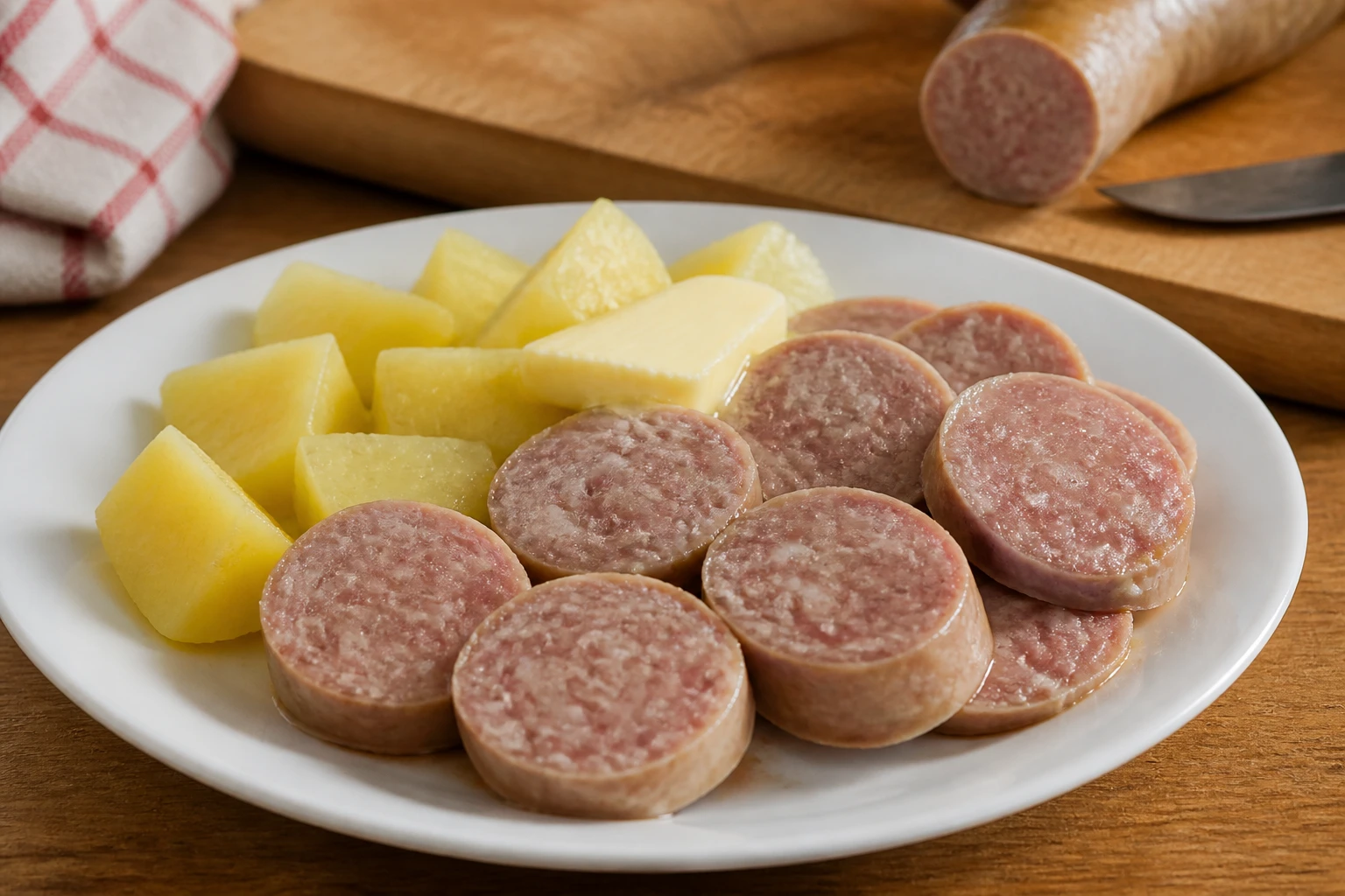 Saucisson à cuire tranché servi avec des pommes de terre vapeur et du beurre