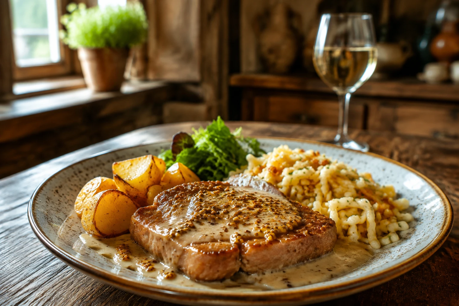 Palette à la diable servie avec spätzle, pommes de terre rôties et salade verte en accompagnement