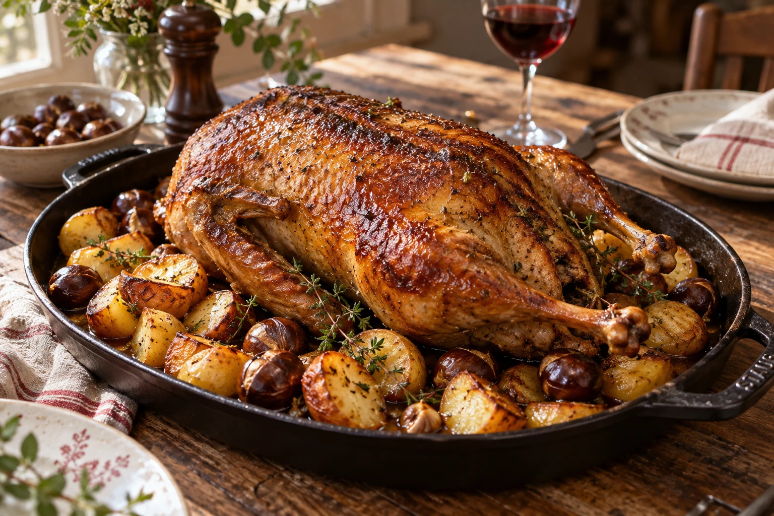 Canette rôtie dorée avec pommes de terre et châtaignes, plat familial traditionnel