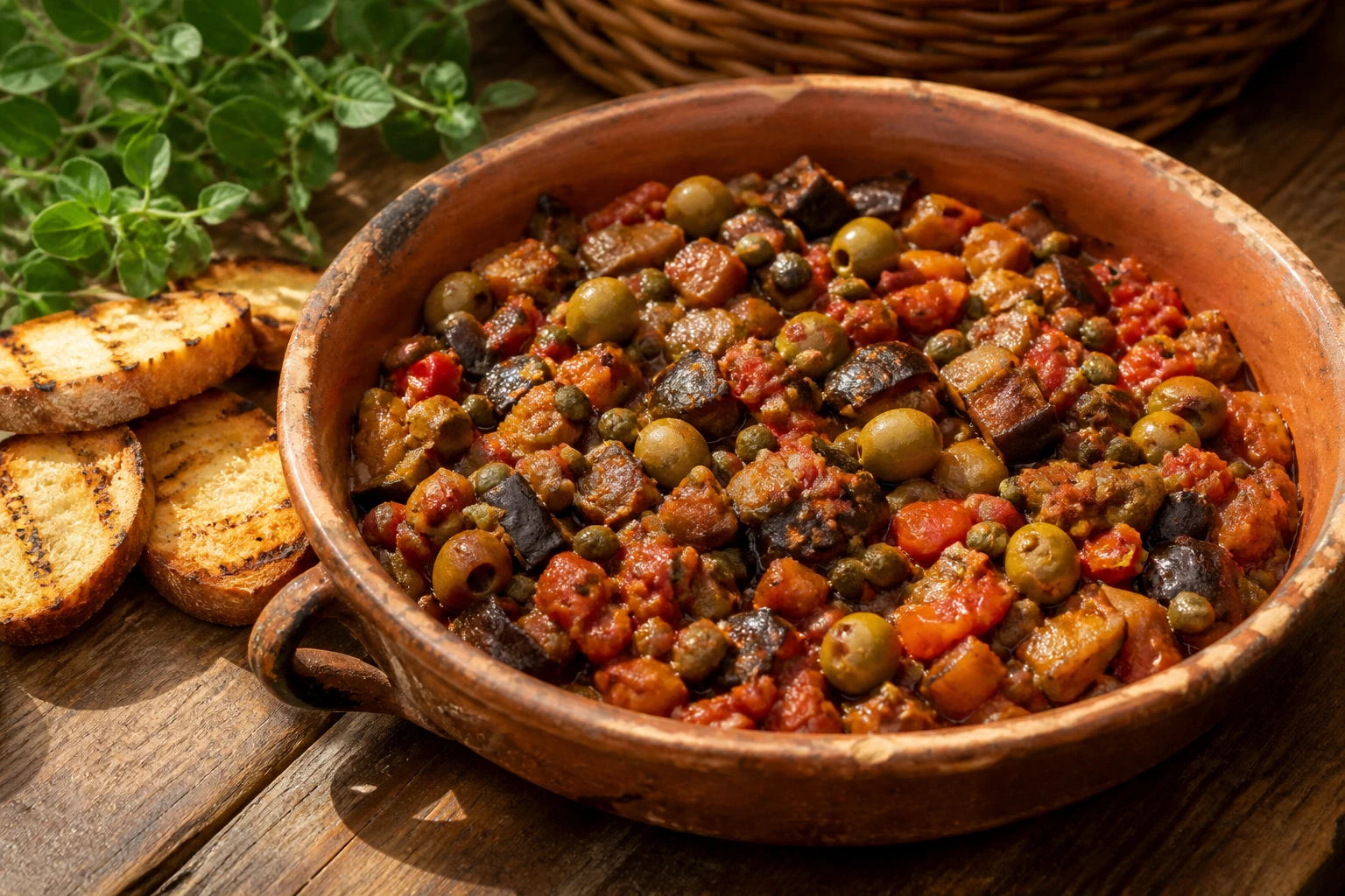 Plat de caponata sicilienne aux aubergines, câpres et olives dans un plat en terre cuite