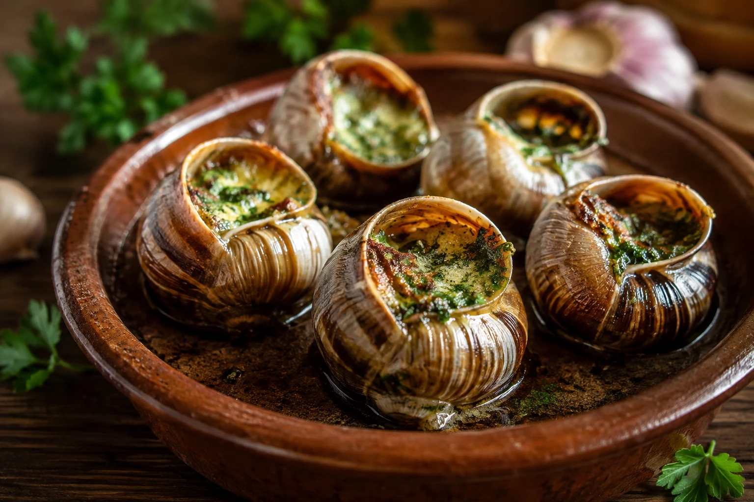 Escargots de Bourgogne garnis de beurre persillé doré servis dans leurs coquilles sur plat rustique