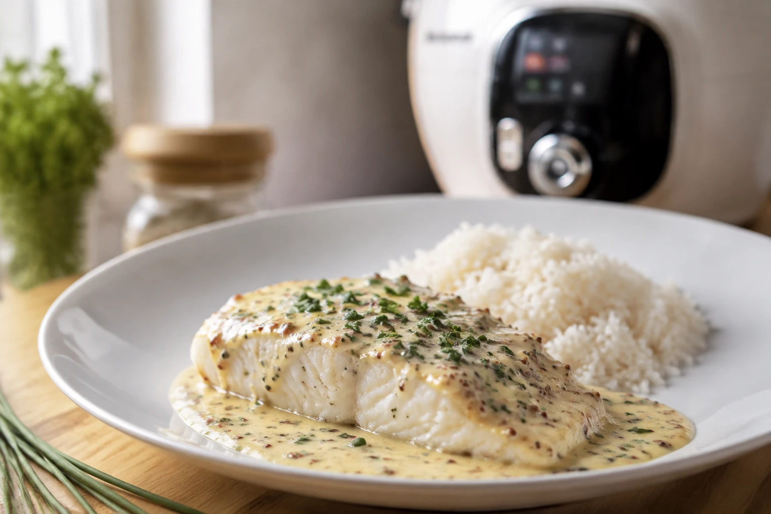 Dos de cabillaud cookeo moutarde nappé de sauce crémeuse avec riz et ciboulette
