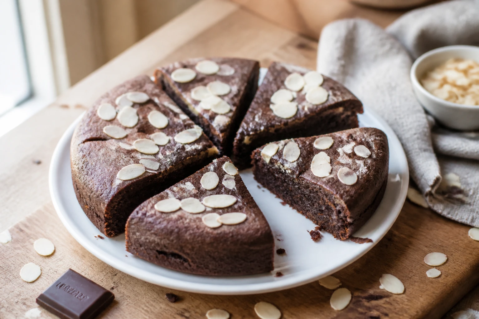Fondant au chocolat sans sucre ajouté coupé en parts, texture moelleuse, sur assiette blanche
