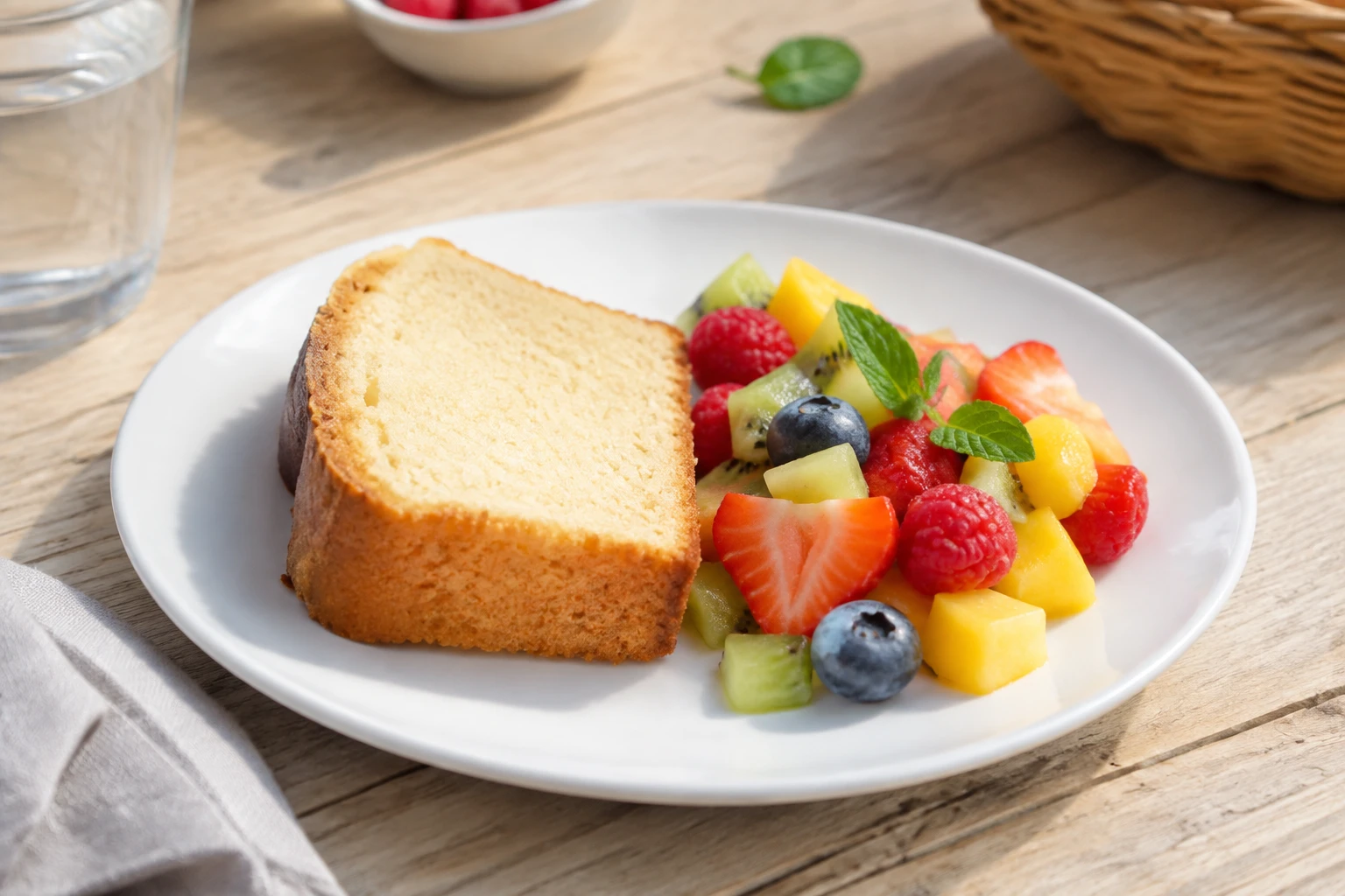 Tranche de biscuit de Savoie léger servie avec une salade de fruits frais colorés sur une table en bois