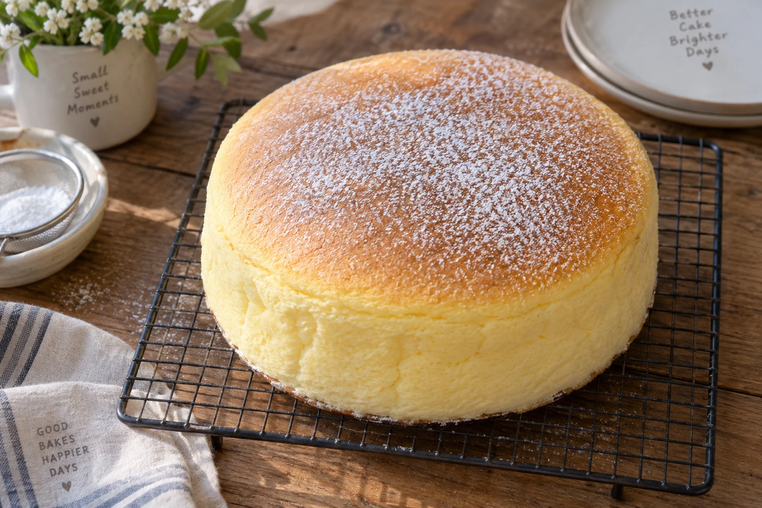 Gâteau nuage japonais moelleux et tremblotant posé sur une grille de refroidissement