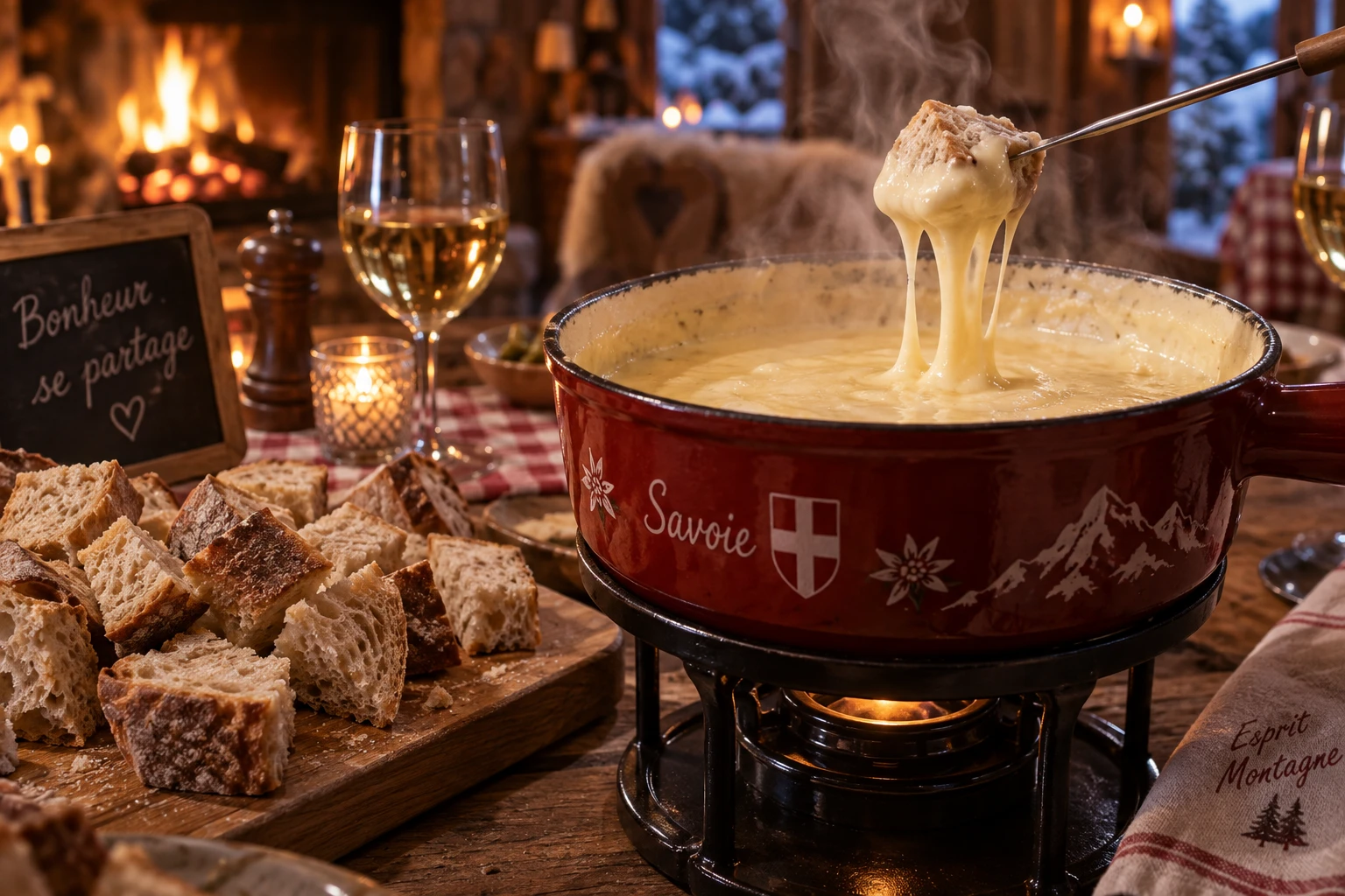 Cubes de pain de campagne posés près d'un caquelon de fondue fumant sur une table en bois
