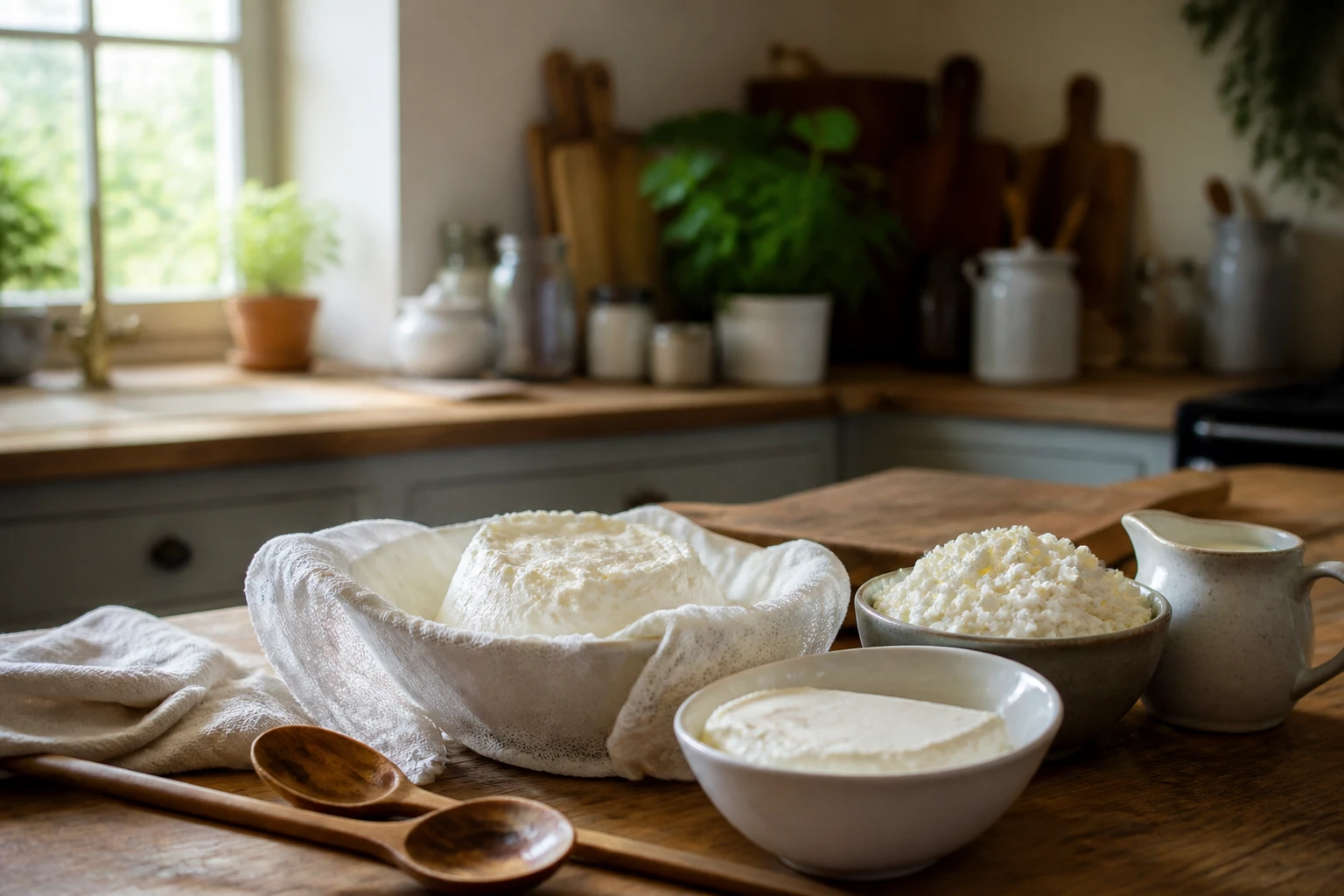 Bol de mascarpone maison entouré de substituts comme la ricotta et le cream cheese sur un plan de travail