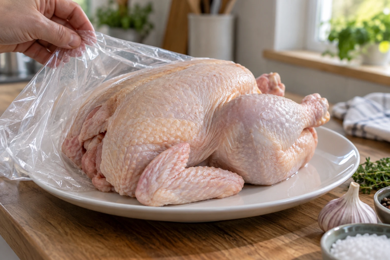 Poulet cru posé sur une assiette blanche pour vérifier son odeur avant cuisson