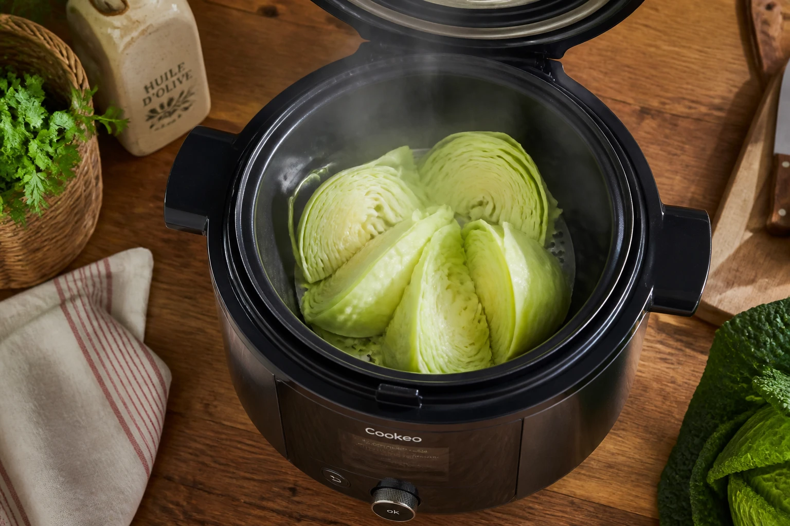 Chou vert cuit à la vapeur dans le panier du Cookeo, cuisine rustique