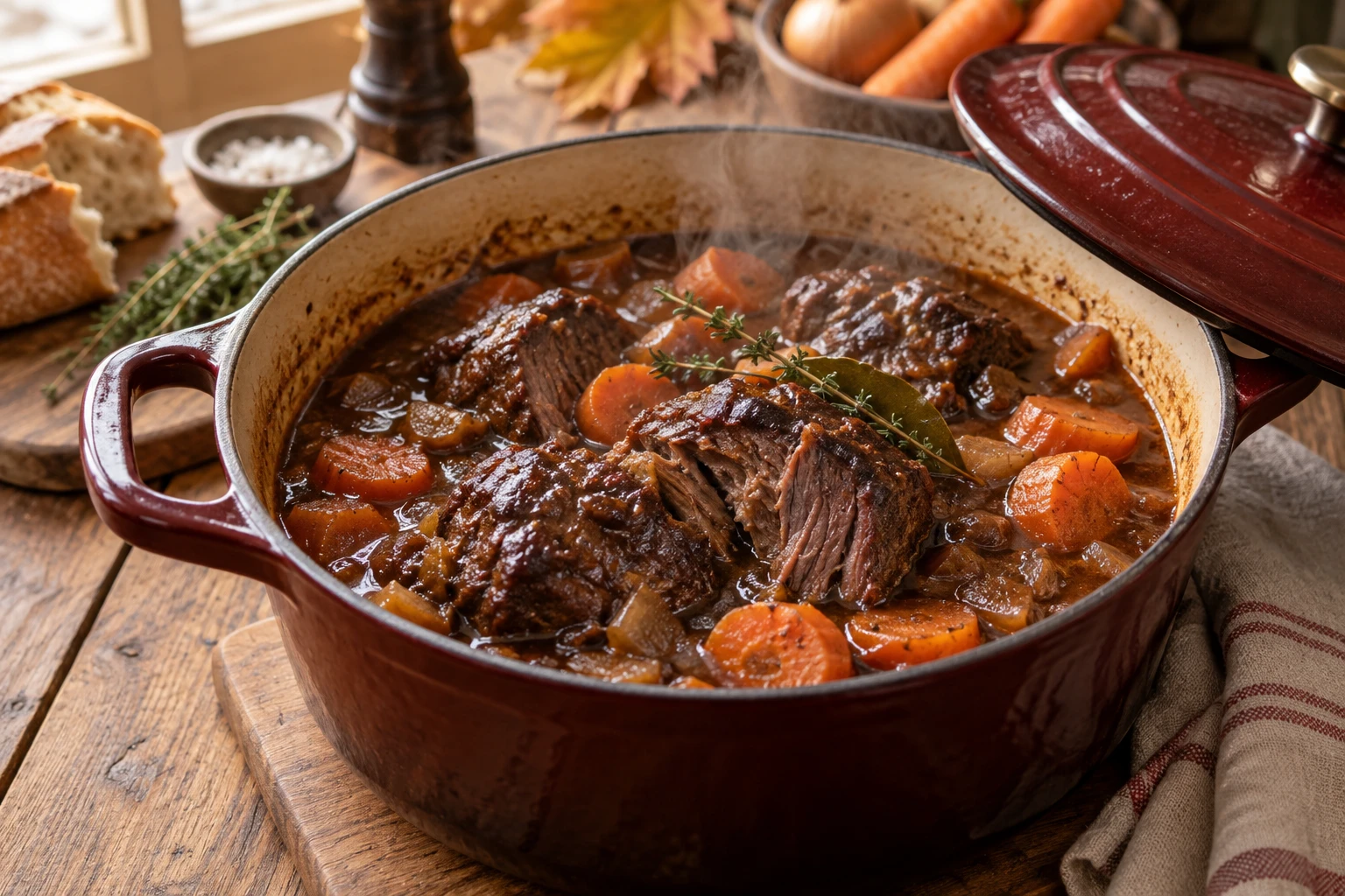 Cocotte en fonte de joue de bœuf braisée sans vin avec carottes et sauce brune fondante