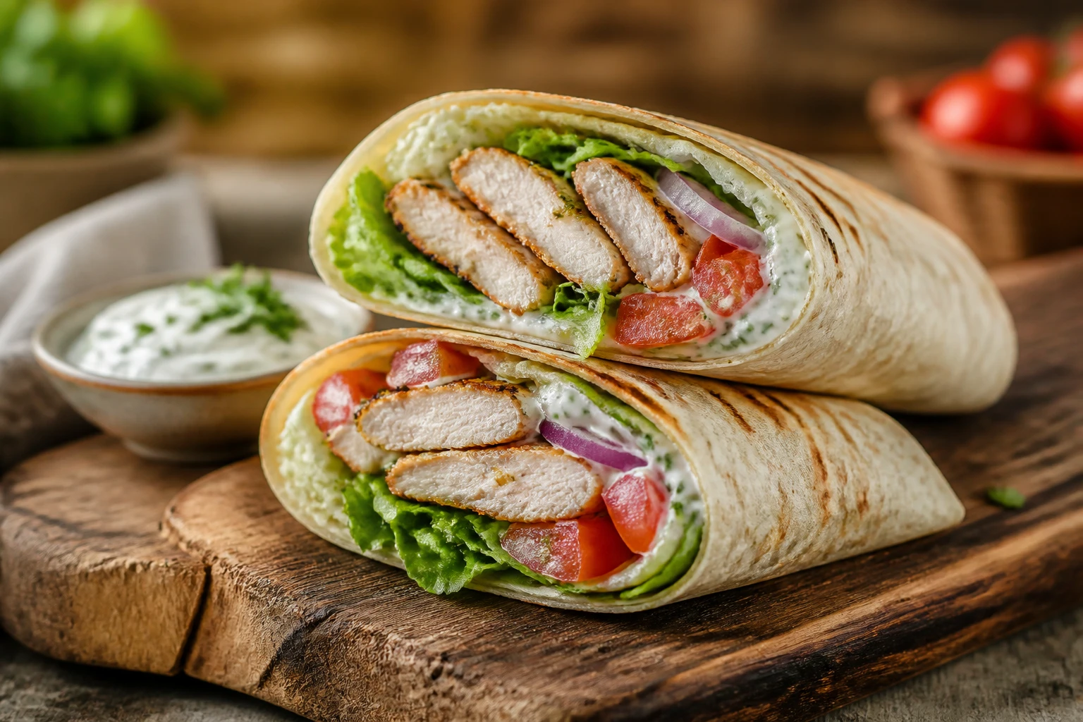 Wrap poulet healthy coupé en deux, garni de poulet grillé, salade et sauce légère